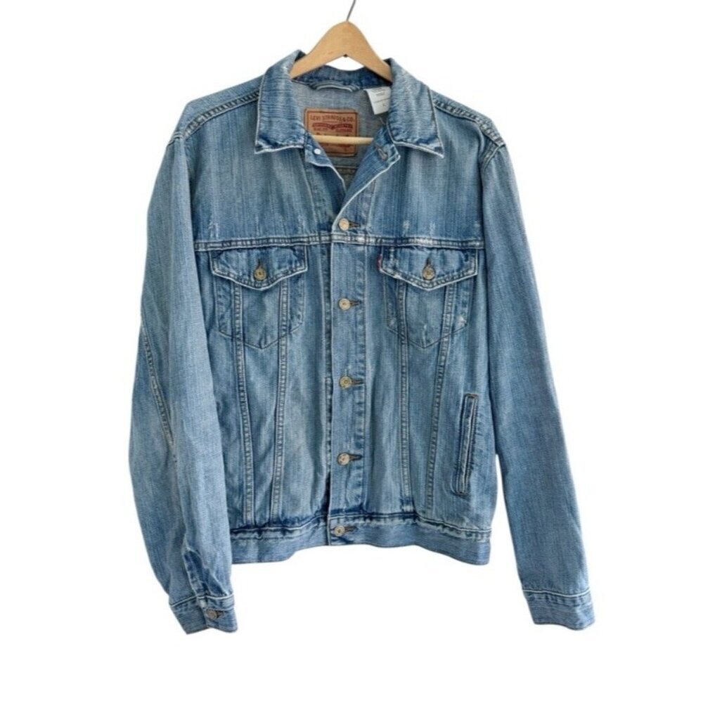 VTG 90s Levis Men's Sz L Standard Trucker Denim Jeans Jacket Distressed 70507